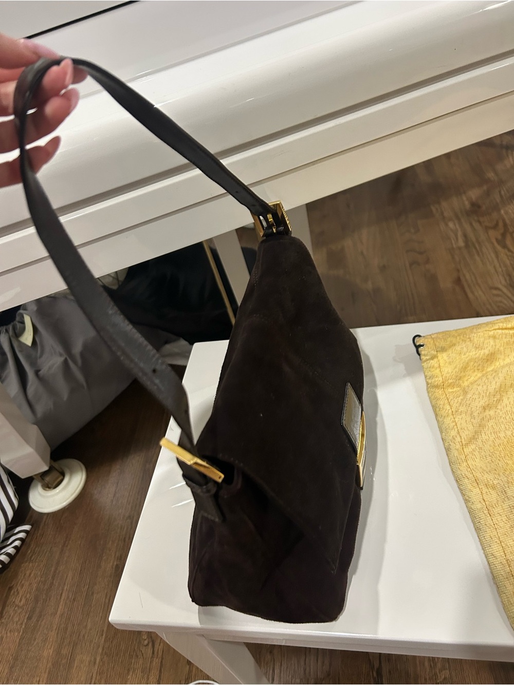 Fendi Dark Brown Suede Shoulder Bag with Gold-Tone Buckle - Picture 5 of 8